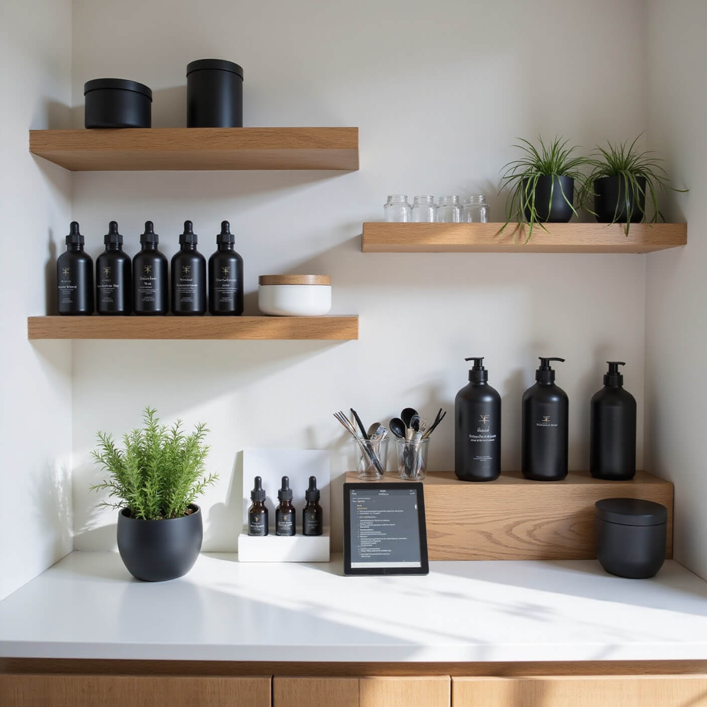 Modern wellness corner with matte black containers on light oak shelves, lab-style droppers, fresh herbs in geometric planters, and a tablet displaying recipes under bright daylight and dramatic shadows.