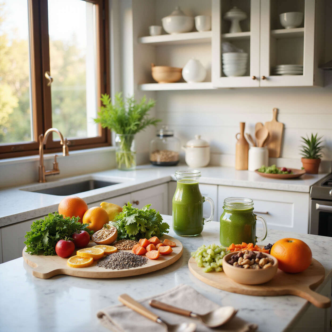 Modern kitchen bathed in morning light with colorful anti-inflammatory foods, fresh produce, grains, and a green smoothie on marble countertops.