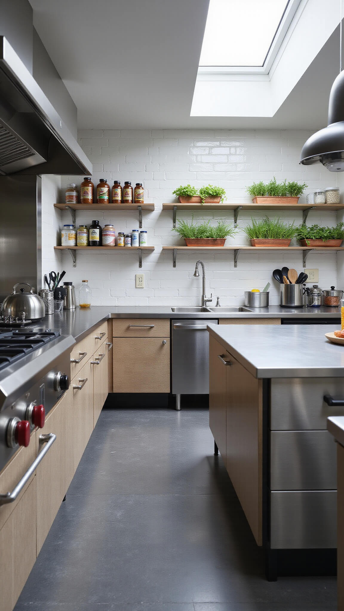 Professional nutritionist’s kitchen with stainless steel counters, organized supplements, fasting tools, white subway tile backsplash, copper herb planters, and morning light creating dramatic shadows.