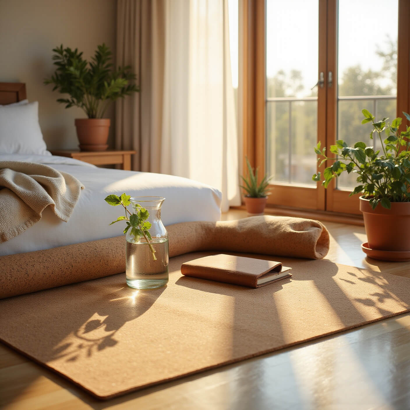 Sunlit minimalist bedroom corner with cork yoga mat, meditation cushion, brass singing bowl, glass water carafe with mint, gratitude journal, and potted plants on light oak flooring.