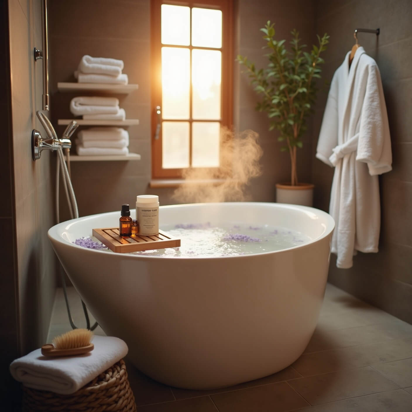 Spa-like master bathroom with soaking tub of lavender water, steam rising, bamboo caddy holding oils and brushes, eucalyptus hanging from rainfall shower, and golden hour light filtering through frosted windows.