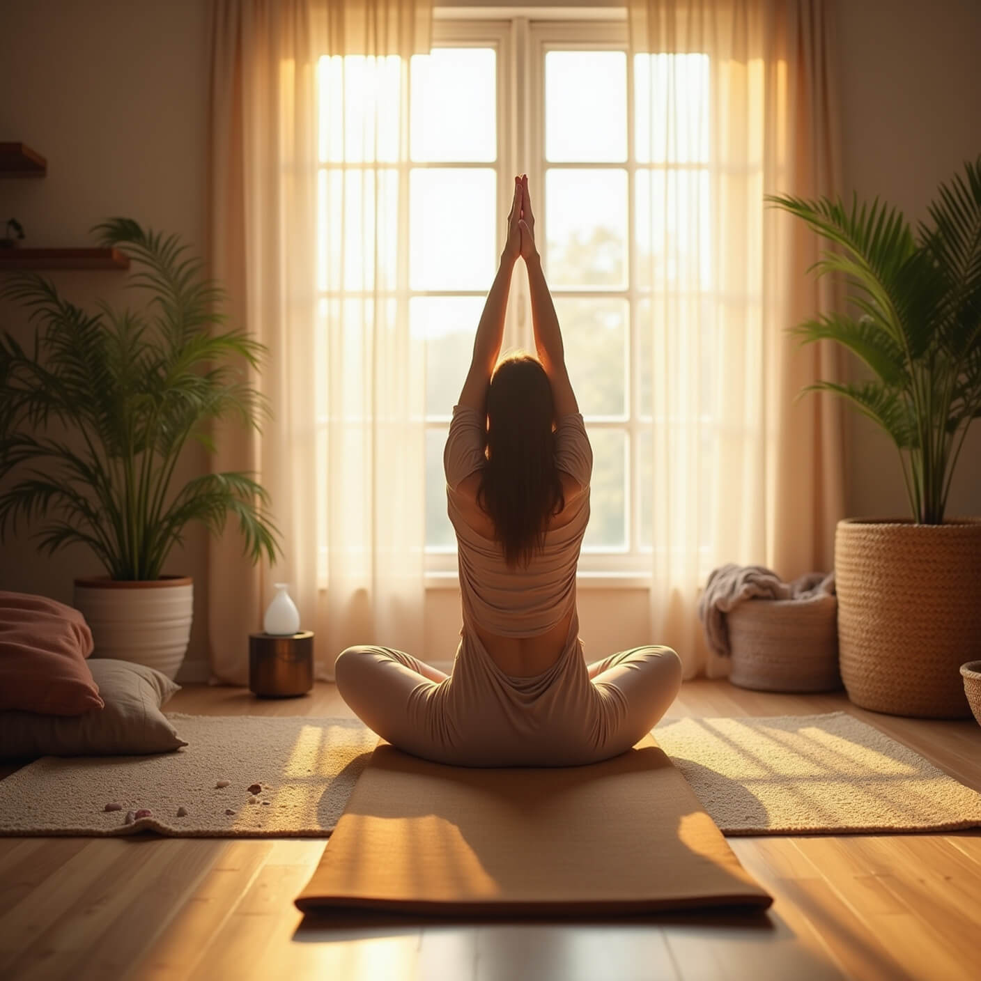 Woman practicing yoga at sunrise in a serene, sunlit home space with plants, crystals, and natural textures.