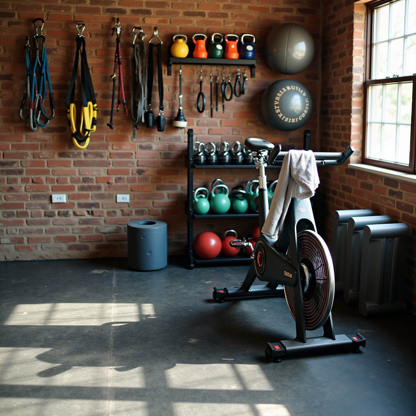 Industrial-chic home gym in bright garage with rubber flooring, exposed brick wall, mounted resistance bands, organized weights, recovery station, spin bike, and dramatic shadows.