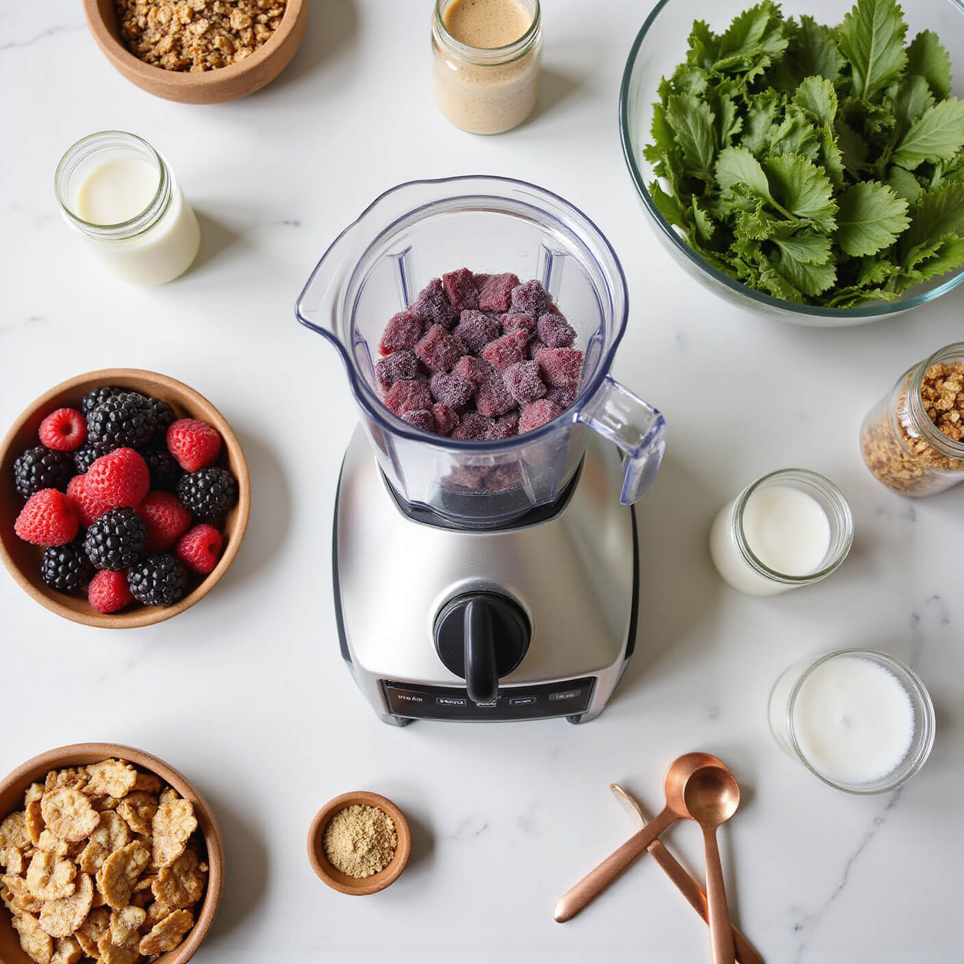 Overhead view of a modern kitchen counter with a professional blender surrounded by fresh smoothie ingredients—frozen berries, leafy greens, protein powders in jars, nuts, superfoods, coconut water, granola, and copper measuring spoons on a marble surface in morning light.