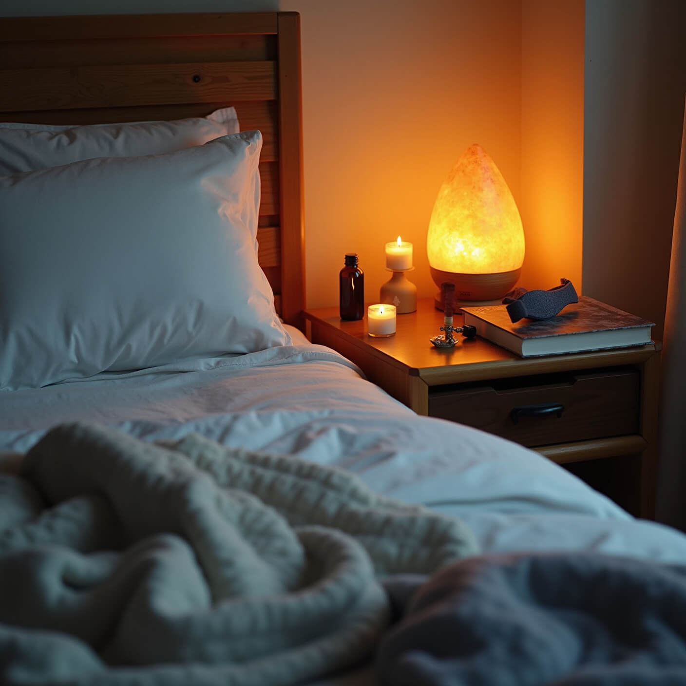 Cozy bedroom corner at dusk with Himalayan salt lamp, beeswax candles, turned-down organic cotton sheets on wooden bed, lavender mist from diffuser, supplements, herbal tea, silk eye mask, book on reclaimed nightstand, and textured weighted blanket.