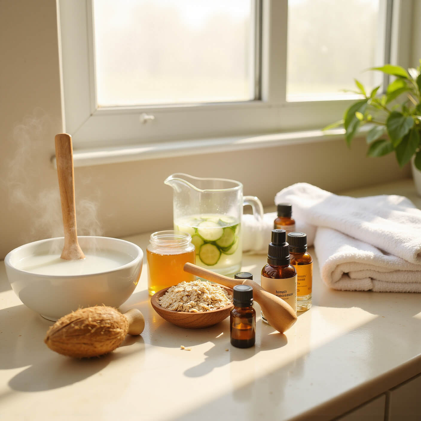 Natural skincare ingredients on a sunlit marble bathroom counter, featuring coconut, honey, oatmeal, essential oils, a wooden brush, and a steaming bowl of water, with soft shadows and a glass pitcher of cucumber water.