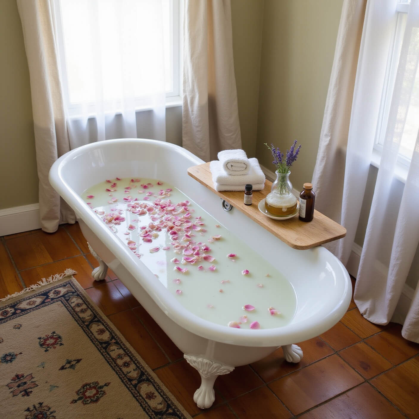 Serene master bathroom with vintage clawfoot tub filled with milky water and rose petals, natural light through sheer curtains, wooden bath tray with honey, oils, and lavender, plush towels, and warm-toned tiles with antique Persian rug, viewed from above at 45-degree angle.
