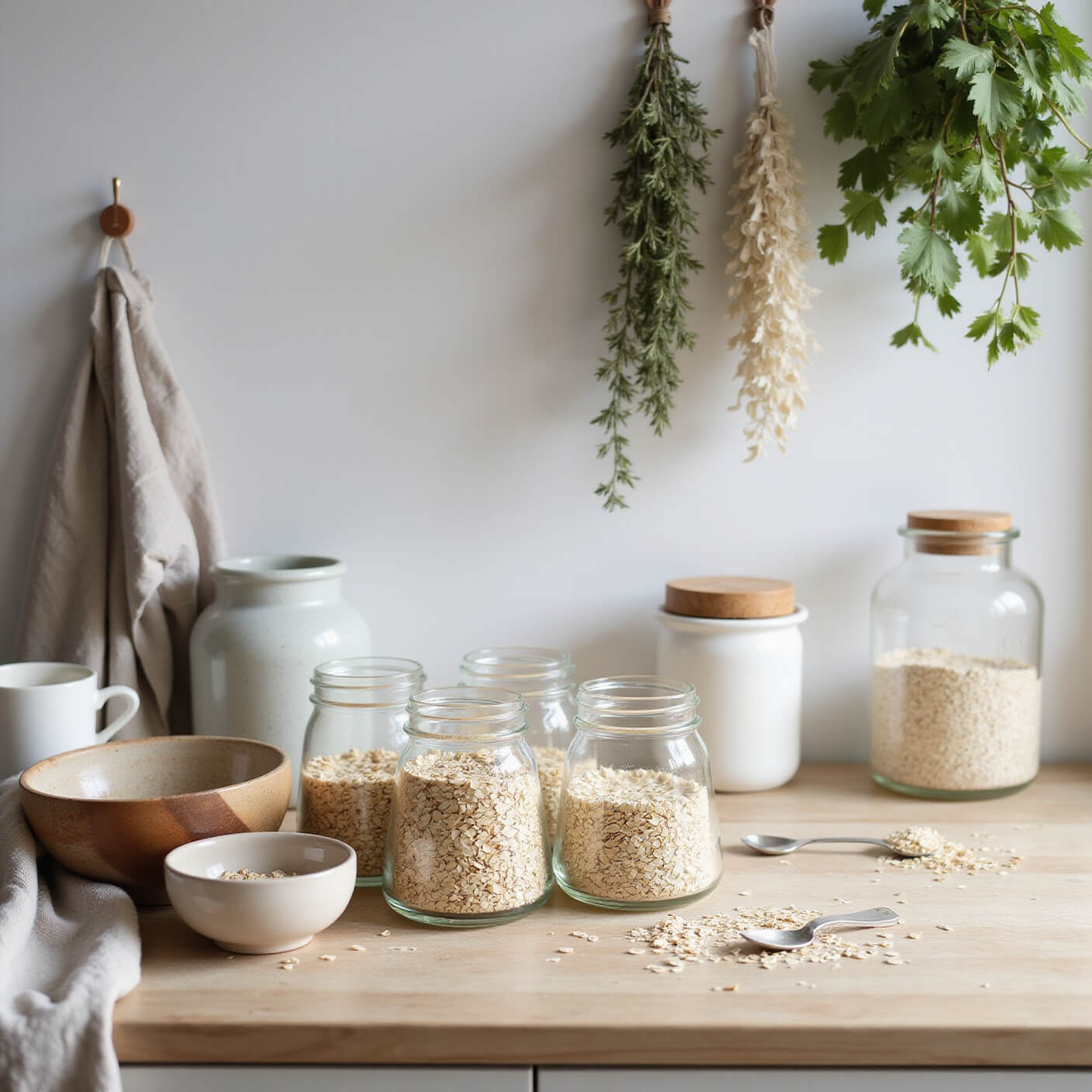 Oatmeal bath preparation on a light wood kitchen counter with glass jars, measuring cups, natural bowls, herb bundles, and soft linens in dramatic mid-morning side light.