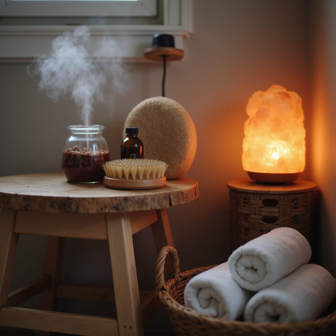 Cozy bathroom nook at dusk with wooden stool holding body brush, loofah, glass jars; mist from humidifier; woven basket with towels; warm glow from Himalayan salt lamp.