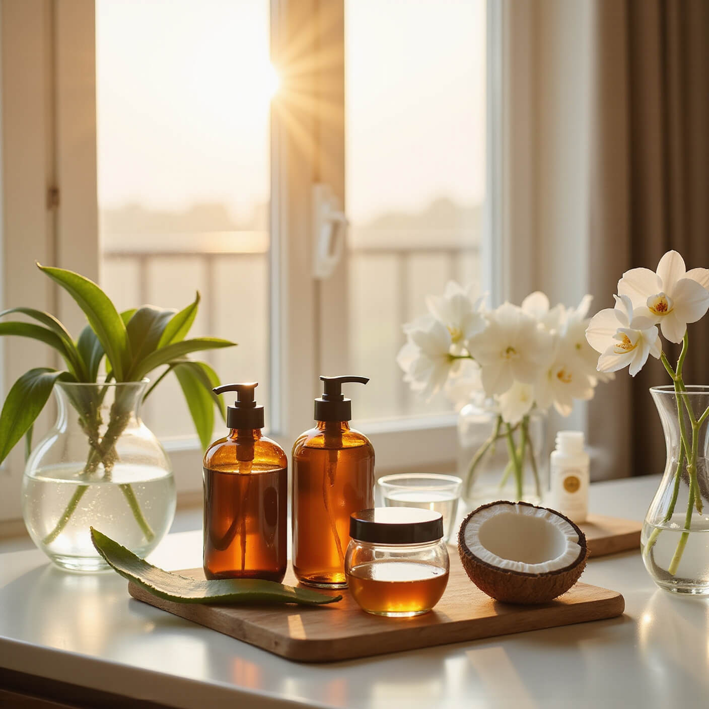 Bright wellness corner with amber skincare bottles, aloe leaf, coconut oil, honey pot, crystal water carafe, and white orchid in soft morning light.