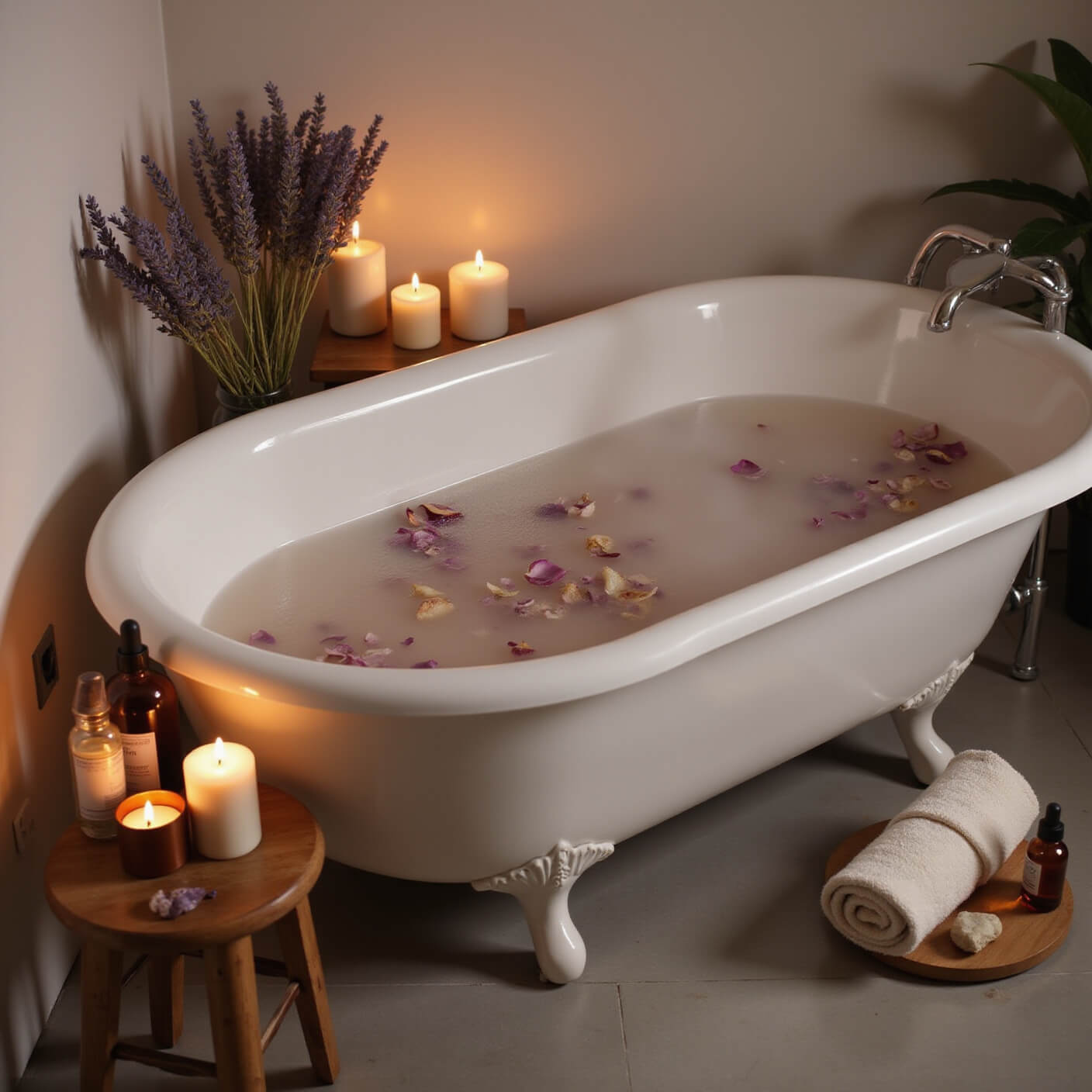 Minimalist bathroom with a white clawfoot tub, soy candles, dried lavender, amber essential oil bottles, plush towels, and flower-infused steaming bathwater under warm, intimate lighting.