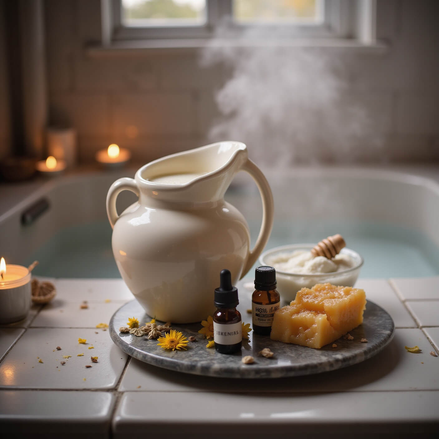 Luxurious twilight spa bathroom with milk and honey bath setup, featuring vintage ceramic pitcher, honeycomb on marble plate, dried flowers, essential oils, and candlelit steam ambiance.