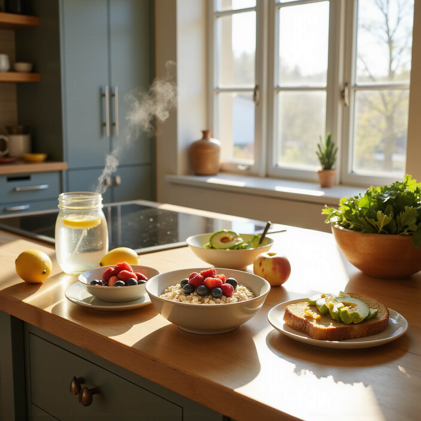 Bright modern kitchen with morning sunlight, showcasing a wooden breakfast bar set with steaming oatmeal topped with berries, avocado toast on whole grain bread, a pitcher of lemon water, and a bowl of fresh apples and leafy greens.
