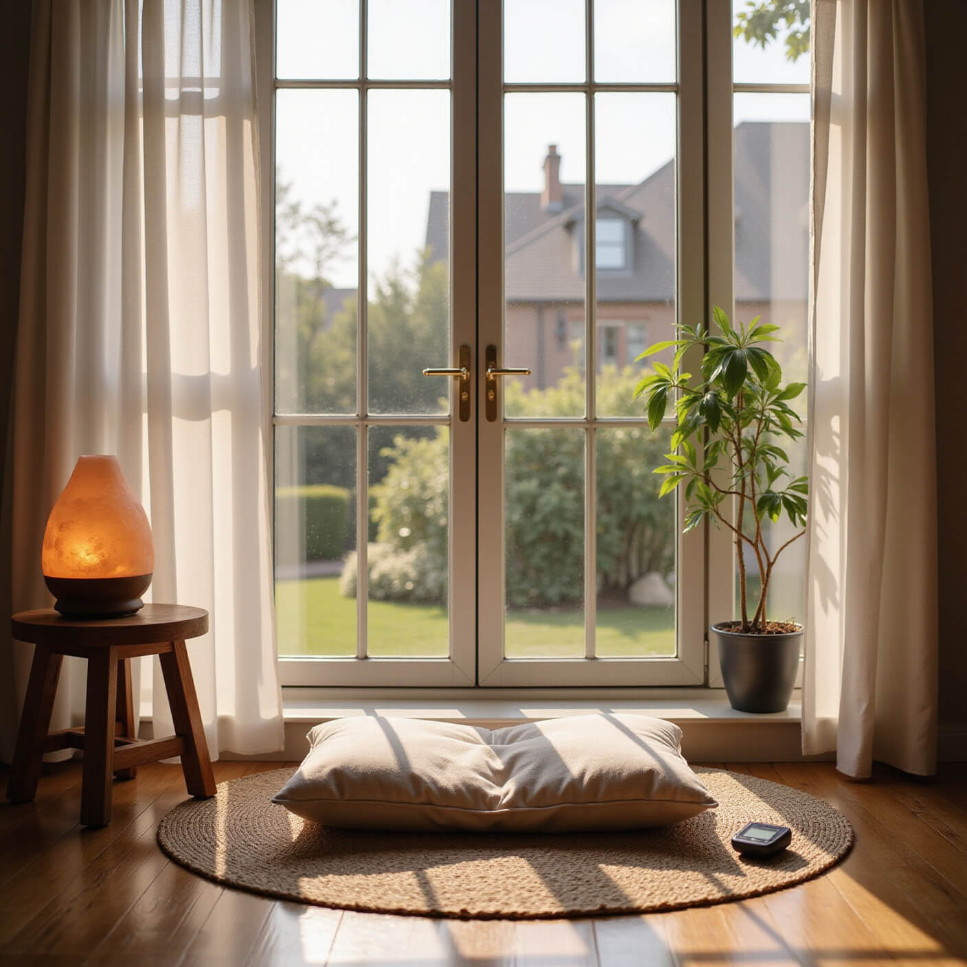Cozy meditation nook with floor-to-ceiling windows, soft dawn light through white curtains, meditation cushion on jute rug, salt lamp, diffuser emitting mist, zen garden, and a blood pressure monitor on bamboo table.