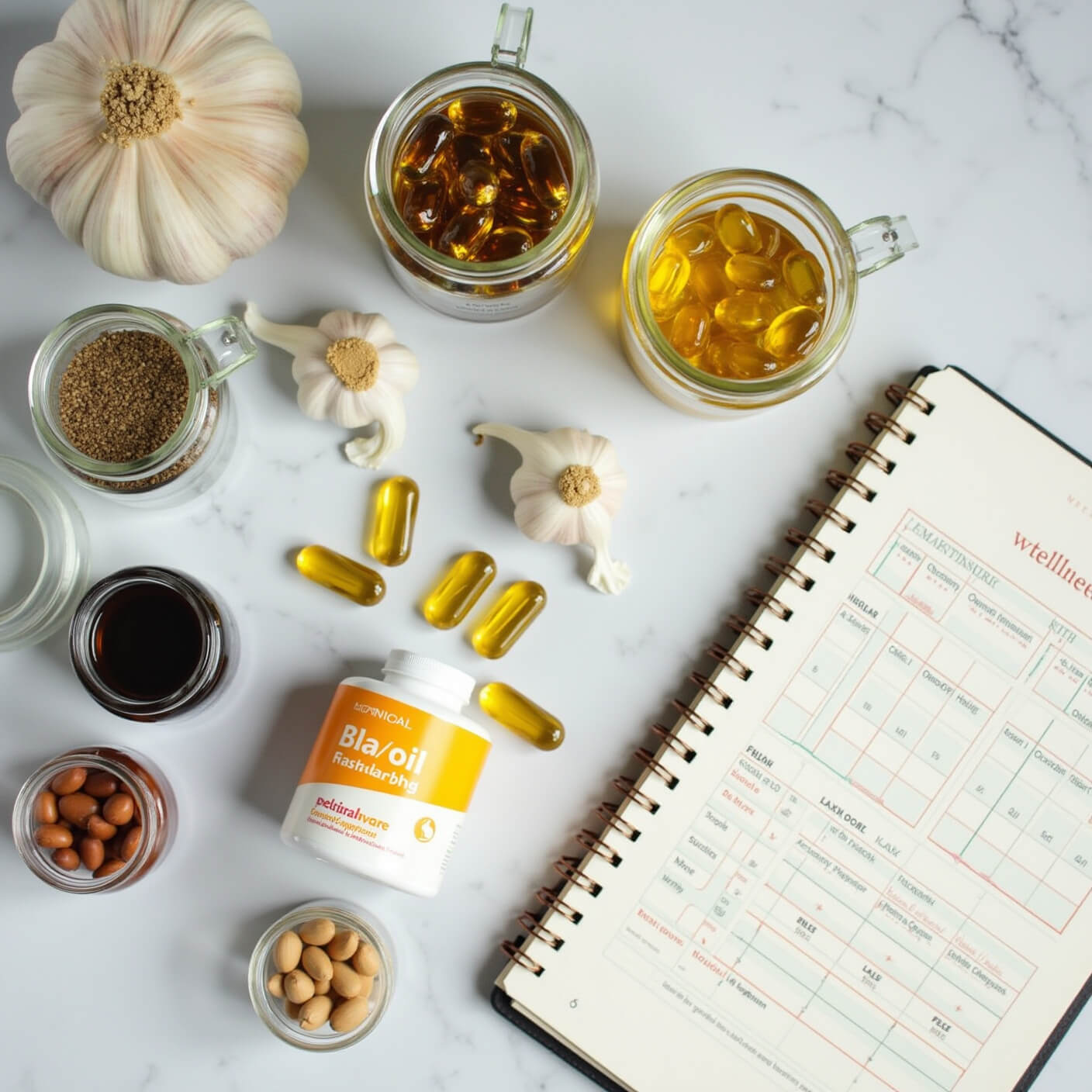 Overhead view of a contemporary kitchen counter with garlic supplements, fish oil capsules, flaxseeds in glass jars, fresh garlic, omega-rich nuts, a nutrition journal, and a wellness tracker on a marble surface.
