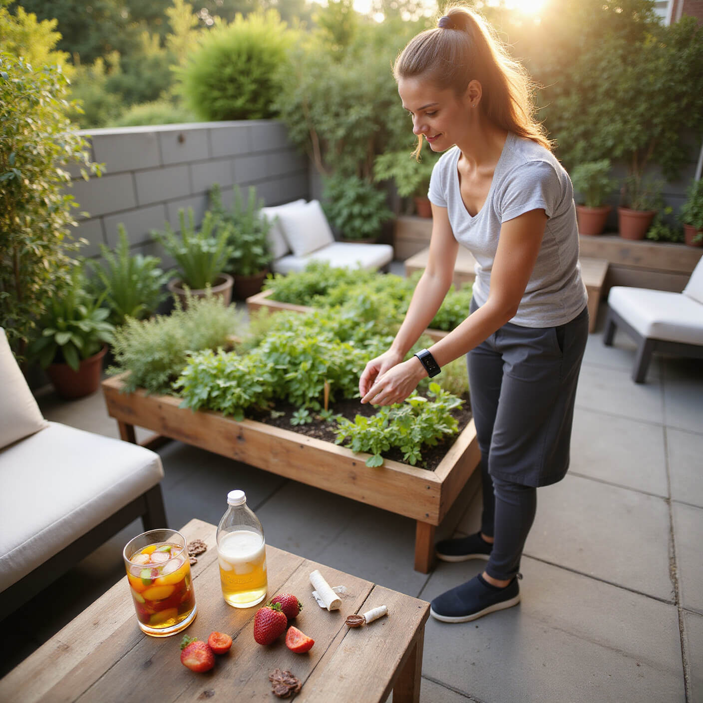 Person tending herbs and vegetables on a garden terrace with sustainable seating, infused water, healthy snacks, and a visible smartwatch, all bathed in late afternoon light.