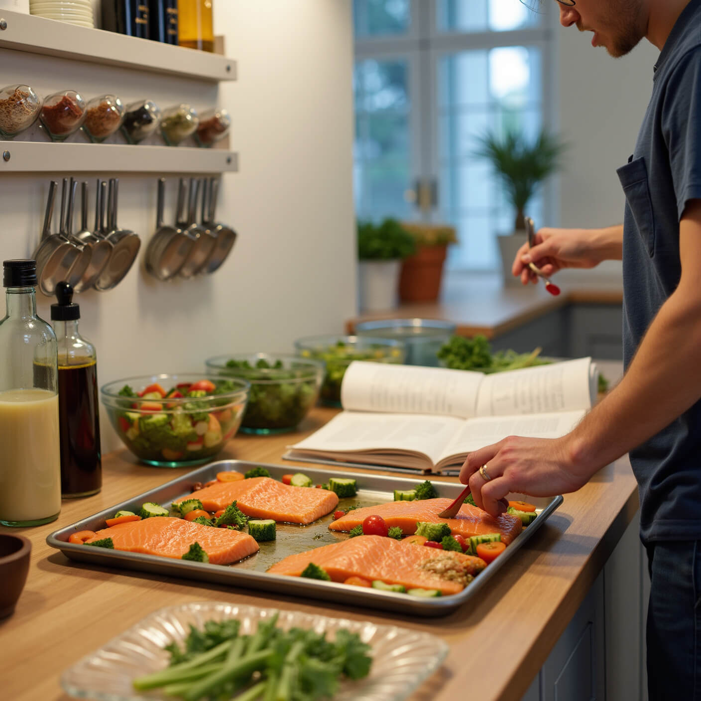Person preparing salmon and vibrant vegetables on sheet pan with olive oil in modern kitchen; meal prep containers, cooking oils, herbs, and open cholesterol-friendly recipe book visible in background.