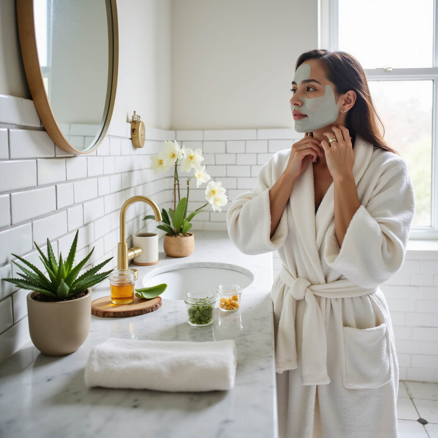 Woman in her 40s applying aloe vera mask in sunlit bathroom with marble vanity, brass fixtures, natural skincare items, and white orchid.