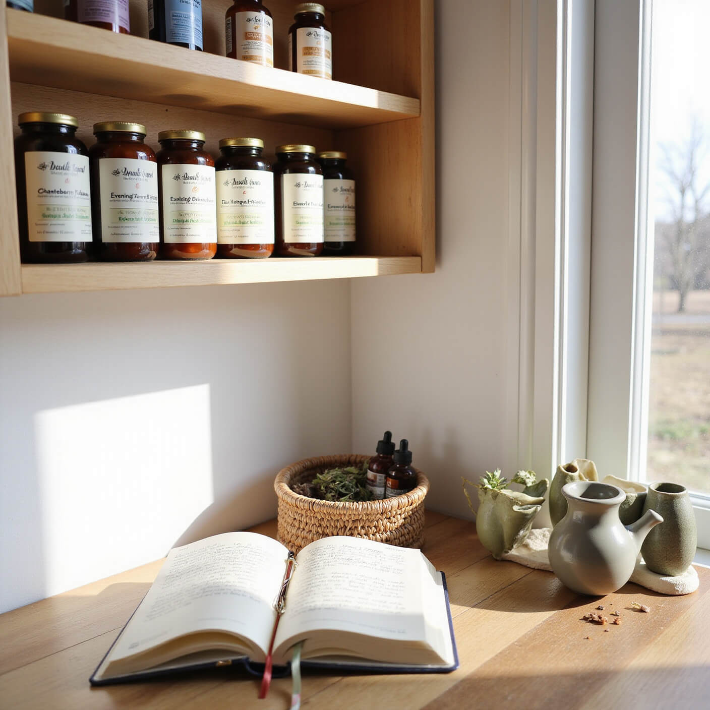 Bright natural wellness corner with wooden shelves holding jars of herbs, tincture bottles, a handwritten journal, ceramic tea set, and a woven basket of supplements, all sunlit with an earthy, modern aesthetic.