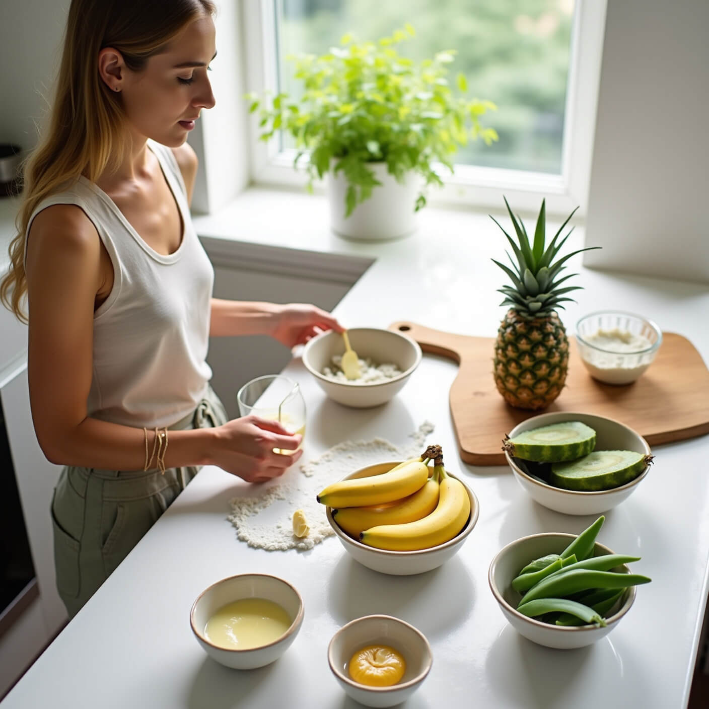 Overhead view of a bright kitchen where a woman prepares a natural banana mask using fresh fruits, aloe vera, and eco-friendly tools on a white quartz countertop.