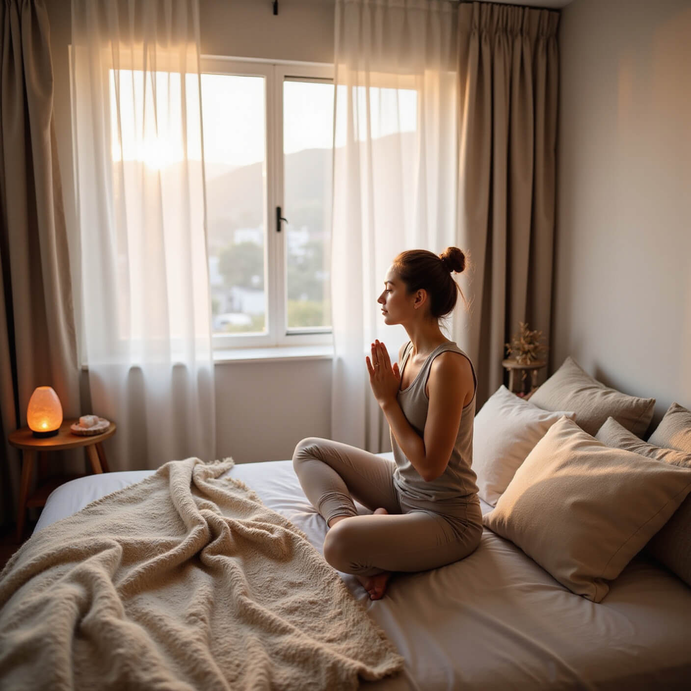 Woman practicing deep breathing in a serene bedroom meditation corner at dawn, with soft light, natural cushions, a wool throw, wooden stool, Himalayan salt lamp, crystals, and a small fountain.