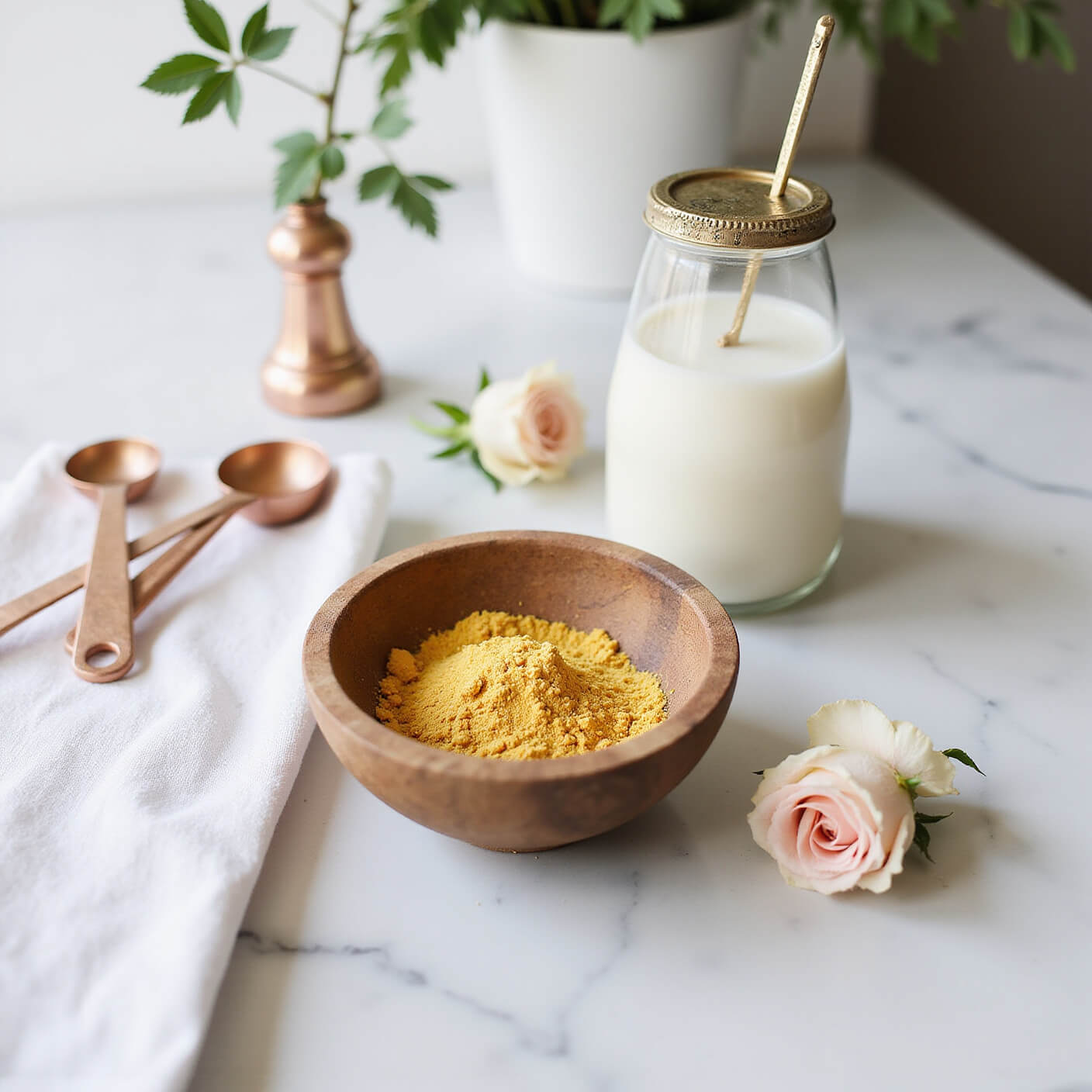 Modern kitchen counter with golden gram flour in wooden bowl, glass jar of yogurt, rose water bottle, copper spoons, fresh roses, and white linen towel in soft morning light.