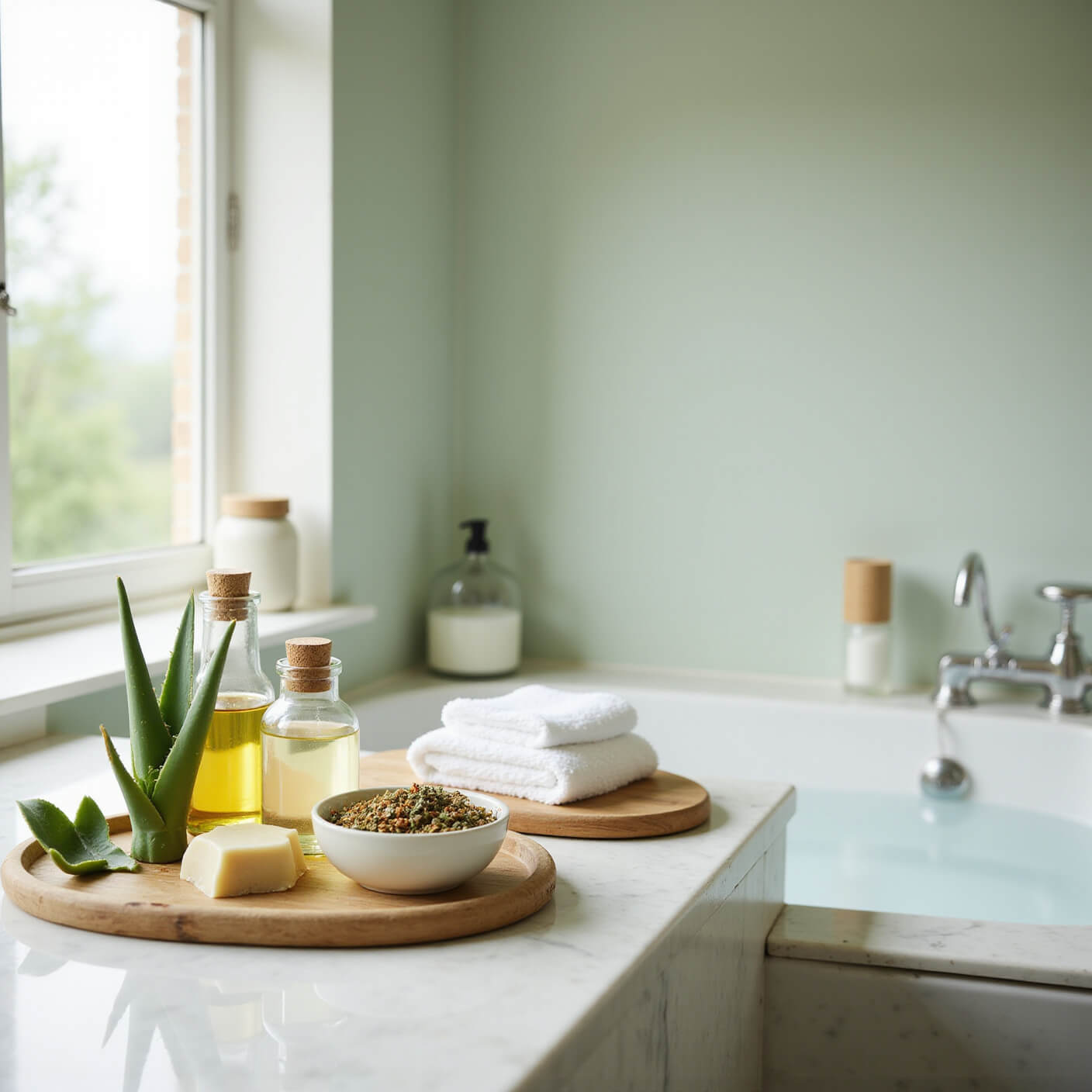 Serene bathroom with marble countertop displaying natural remedies, bamboo accessories, a steaming soaking tub, and soft morning light.