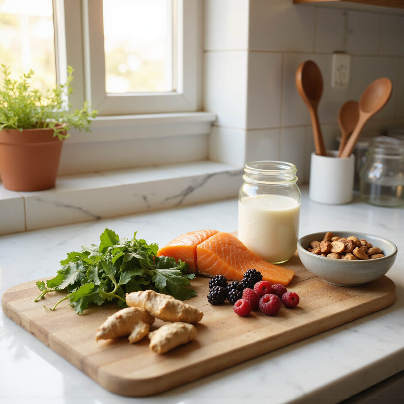 Bright, sunlit kitchen with fresh anti-inflammatory ingredients on a wooden board, including turmeric, ginger, leafy greens, salmon, berries, yogurt, and nuts, against a marble backsplash with copper utensils and potted herbs.