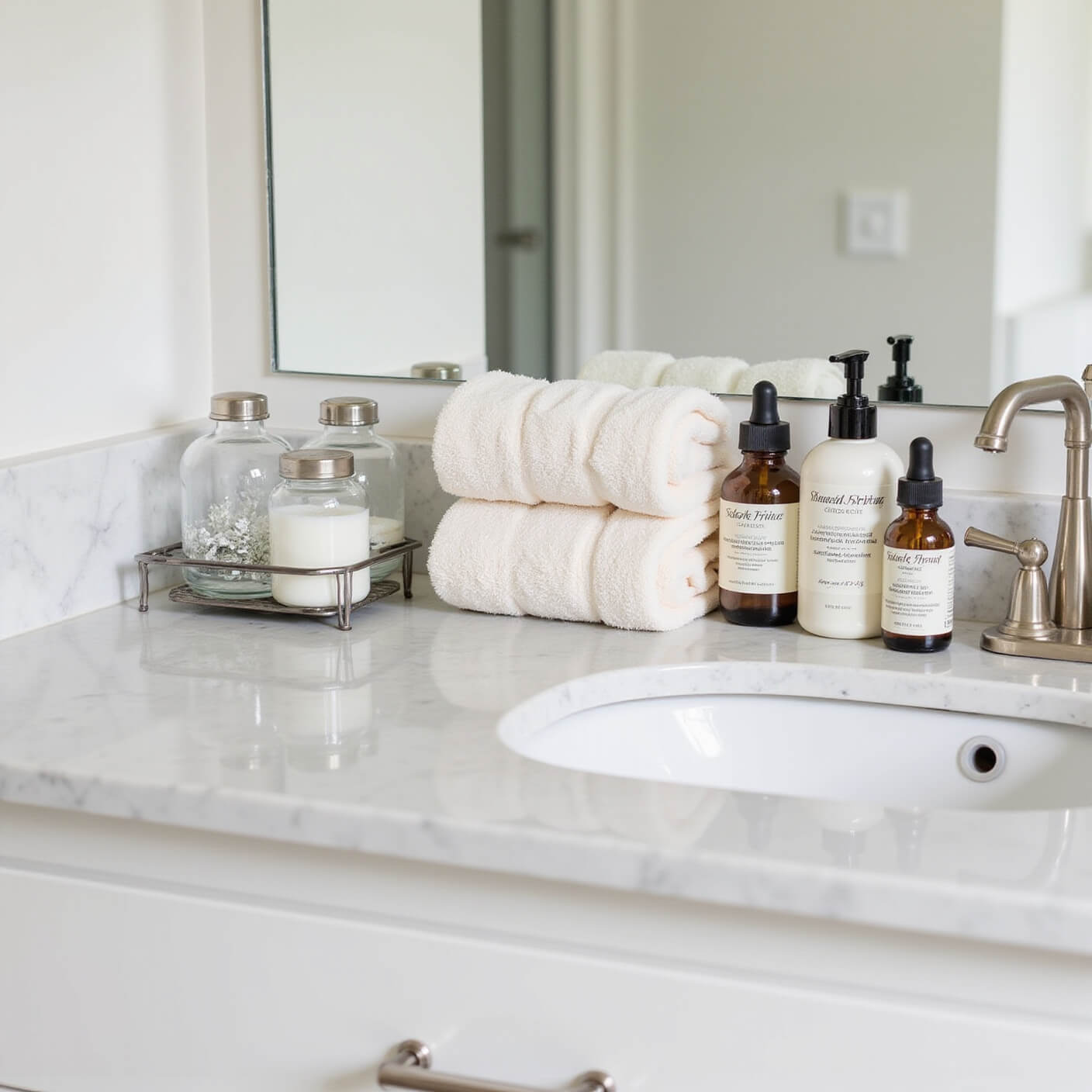 Modern bathroom vanity with marble countertop, organized skincare products, soft cotton towels, and brushed nickel fixtures in bright natural light.