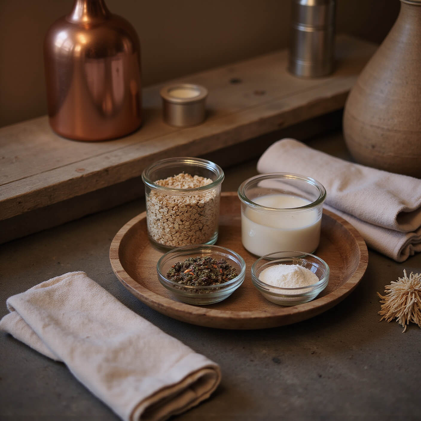 Overhead view of a cozy self-care setup at dusk featuring a wooden tray with jars of oatmeal soak, baking soda, and dried herbs, folded cotton garments, bamboo washcloths, a natural loofah, and warm-toned surroundings with copper accents.