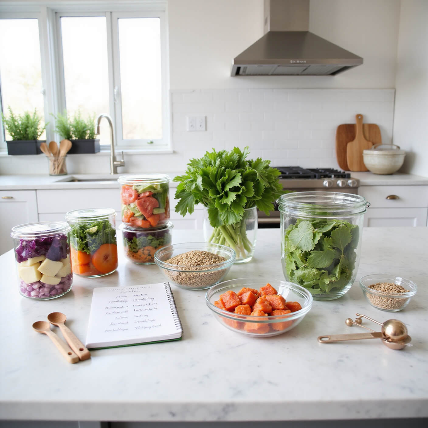 Bright kitchen with prepped anti-inflammatory meals, glass containers of colorful veggies and proteins, meal planning notebook, herbs on windowsill, and stainless steel appliances.