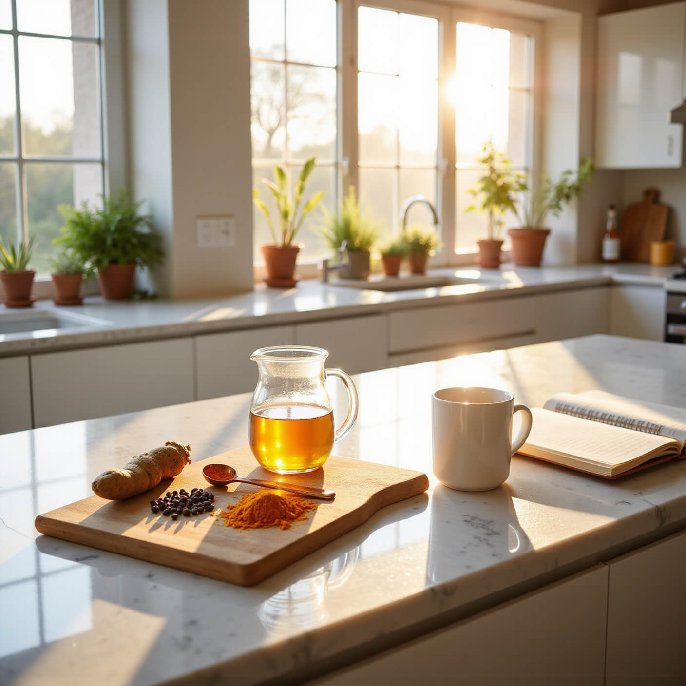 Bright, sunlit modern kitchen with turmeric, black peppercorns, honey, and milk arranged on a marble countertop, with a recipe journal, herbs on the windowsill, and morning light highlighting natural textures.