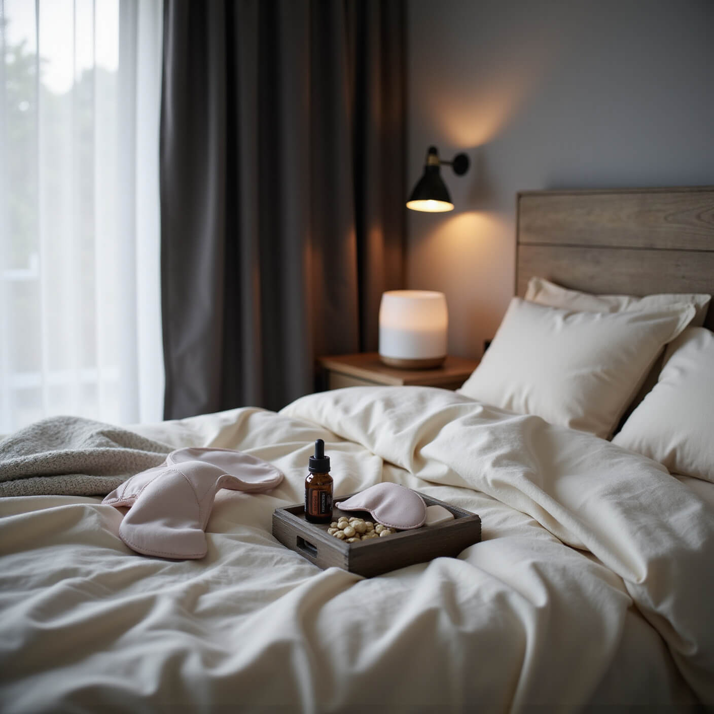 Modern bedroom with ivory organic bedding, blackout curtains, wooden nightstand holding essential oil diffuser and sleep supplements, silk sleep mask, sleep tracker, and gratitude journal under cool evening light.