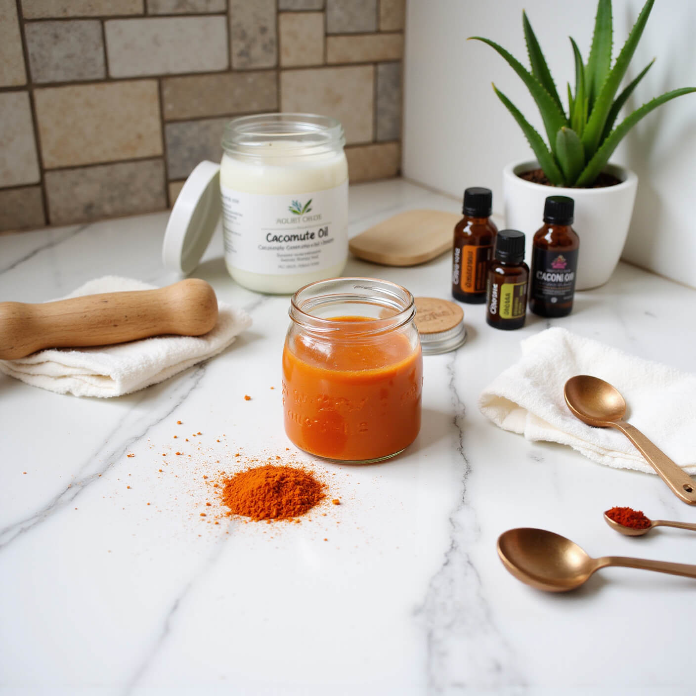 Earthy spa-inspired bathroom counter with homemade cayenne-coconut cream in a glass jar, surrounded by coconut oil, fresh cayenne peppers, measuring spoons, cotton cloths, a wooden massage roller, essential oils, and a potted aloe vera plant on marble.