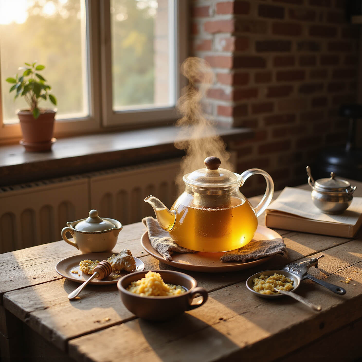 Overhead view of a cozy kitchen nook at golden hour with a steaming glass teapot of ginger tea on a rustic wooden table, surrounded by grated ginger, a ceramic honey pot, stainless steel grater, vintage tea strainer, linen napkins, and an open cookbook.