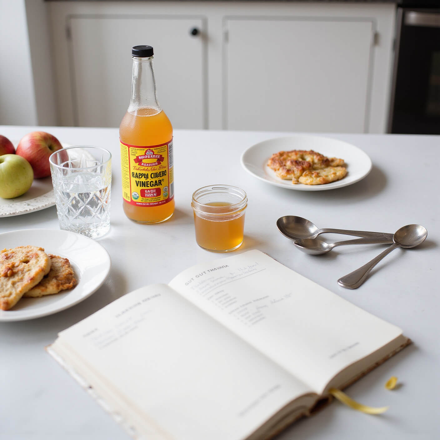 Minimalist kitchen with apple cider vinegar tonic, fresh apples, raw honey, healthy breakfast on white plates, gut health journal, and glass water pitcher in cool morning light.