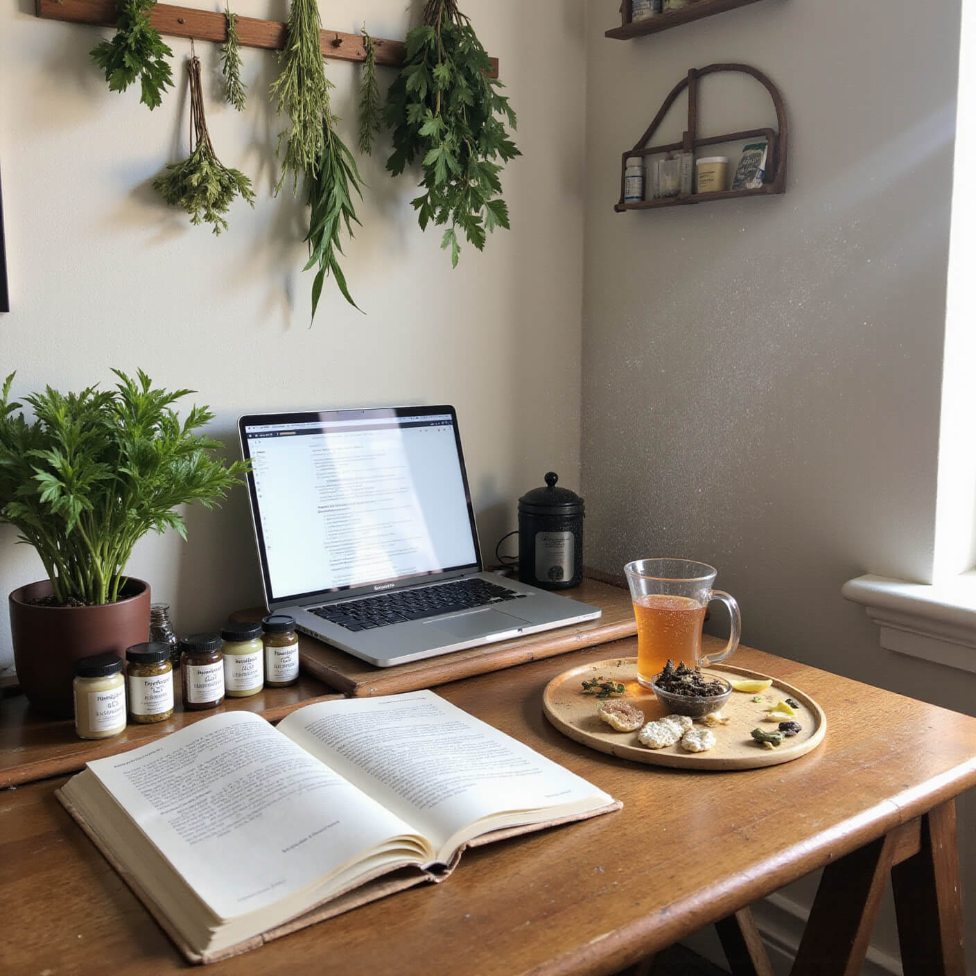 Natural light home office corner with a wooden desk holding a wellness journal, remedy jars, laptop, and tea station; fresh herbs hang above, illuminated by morning light.
