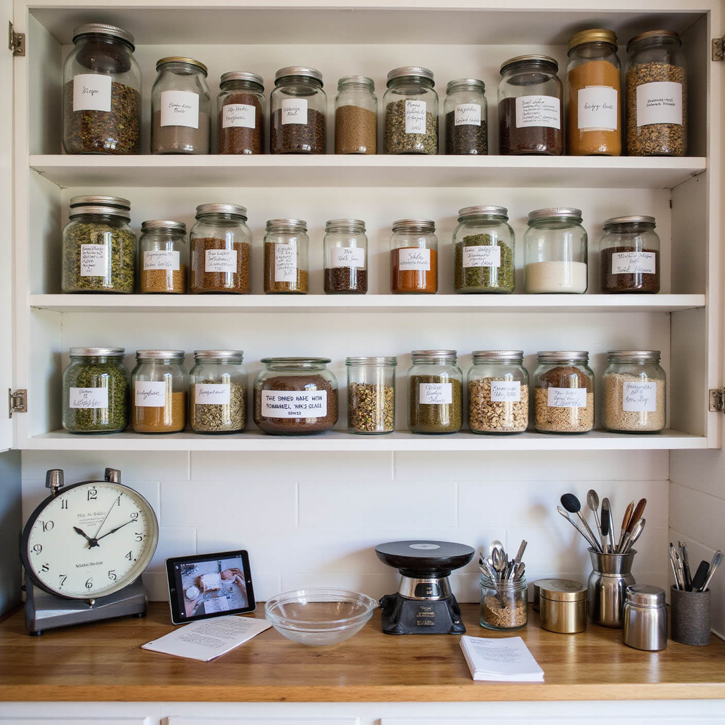 Organized home kitchen workspace with labeled jars of herbs and spices, butcher block countertops with tools and scale, and a mix of recipe books, handwritten cards, and tablet under afternoon light.