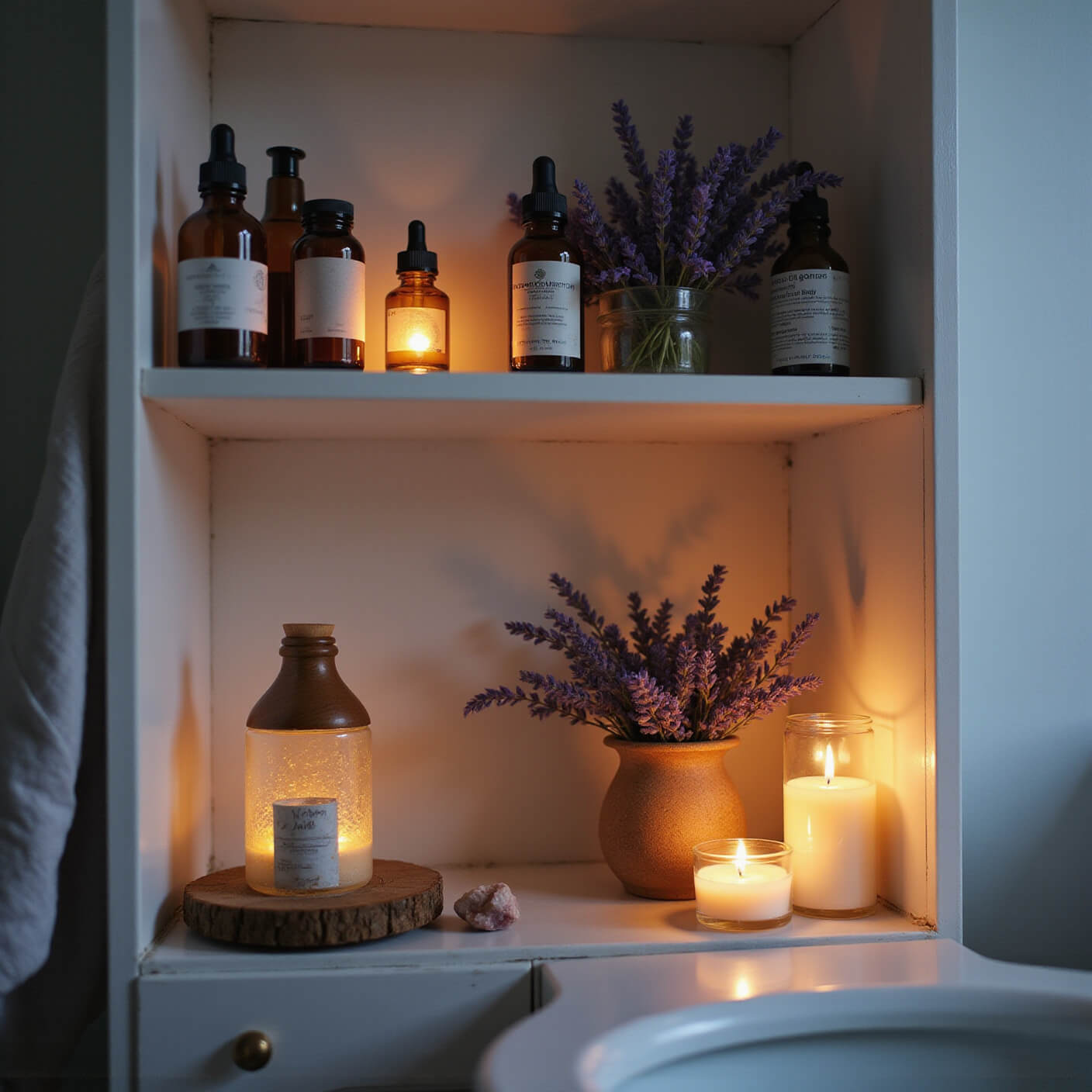 Serene bathroom wellness corner at dusk with white shelves holding amber glass bottles, natural oils, healing balms, a diffuser emitting mist, dried lavender bundles, crystals, and soft LED candlelight in moody, steamy lighting.