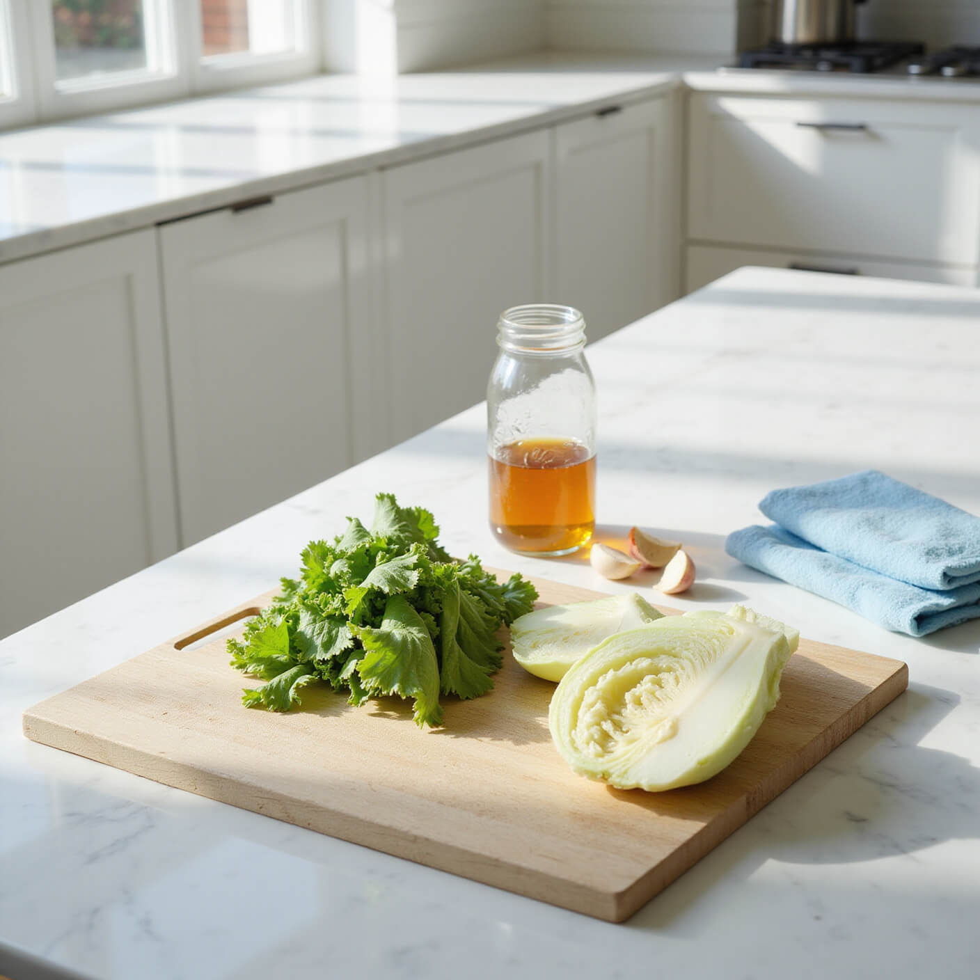 Bright, modern kitchen with marble counters, fresh cabbage leaves on a wooden board beside ice packs, cotton cloths, apple cider vinegar, and garlic, all arranged neatly in midday sunlight.