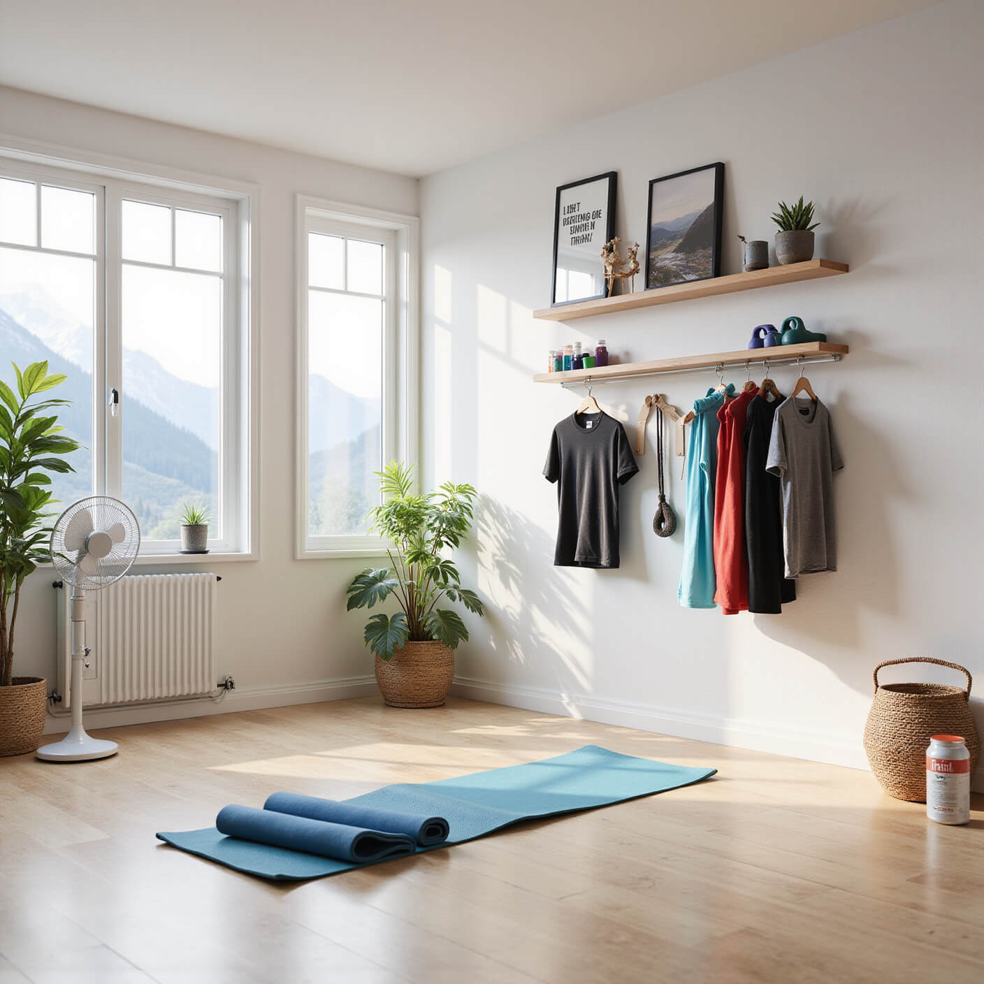 Bright, airy home gym with mountain views, light wood floors, premium exercise mat, organized fitness gear, motivational art, plants, fruit-infused water station, and modern fan in motion.