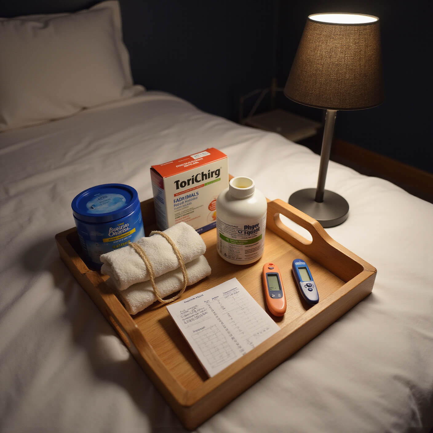 Minimalist bedside wellness station at dusk with a wooden tray holding pain relief, thermometer, cooling gel packs in cloths, and a symptom journal, warmly lit by a bedside lamp.