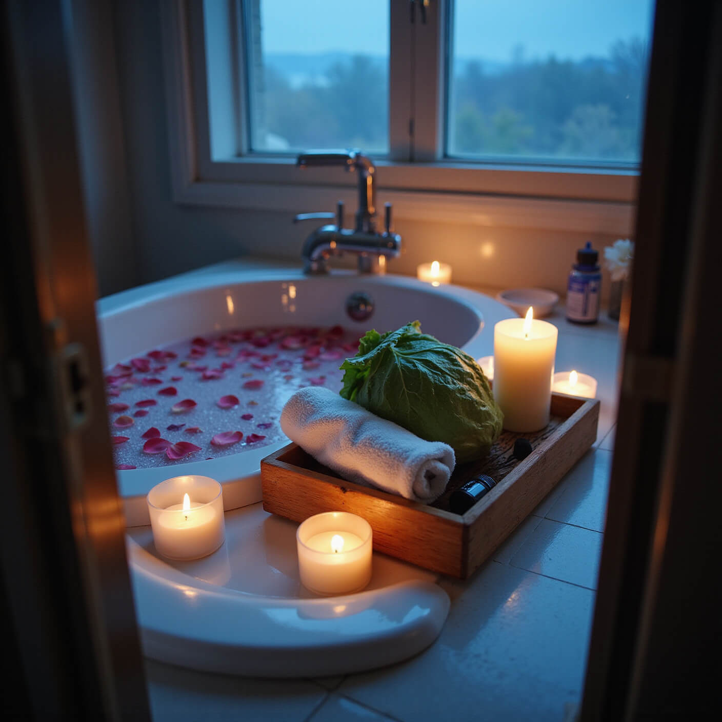 Cozy bathroom at twilight with a warm epsom salt bath filled with rose petals, electric candles glowing around the tub, and a bamboo caddy holding cabbage leaves, washcloths, and essential oils.