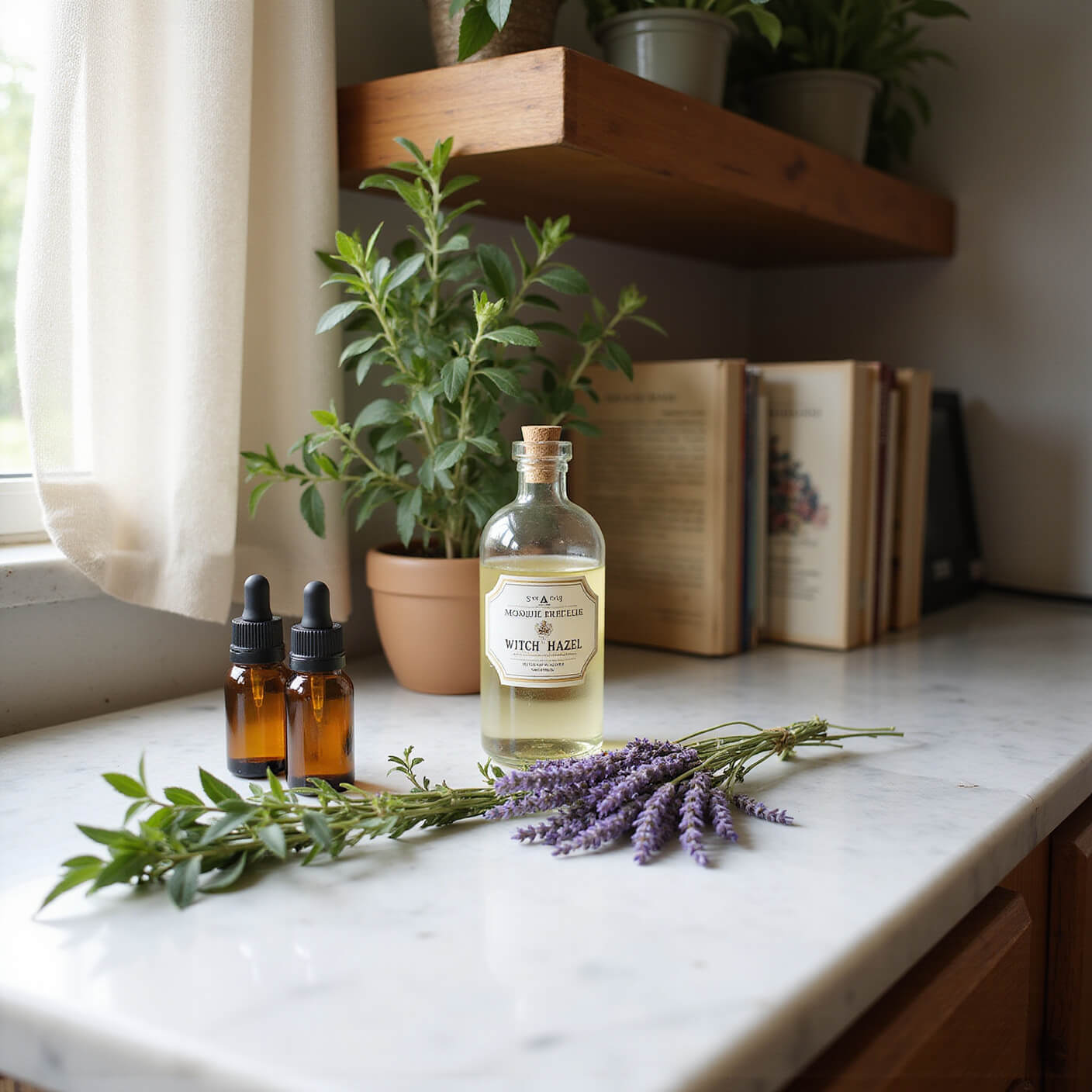 Sunlit home apothecary workspace with marble countertop, natural mosquito repellent ingredients, vintage spray bottle, herbs, and botanical books in warm, muted tones.