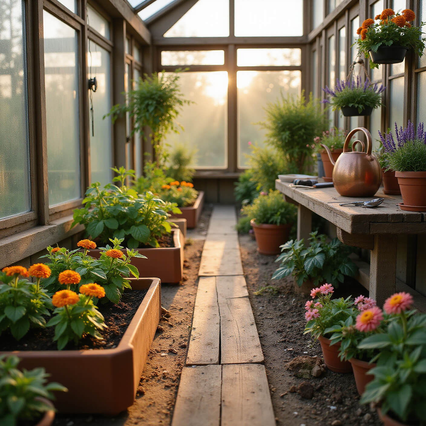 Greenhouse interior at golden hour with raised beds of mosquito-repelling plants, terracotta pots of basil, marigolds, and lavender, sunlit reclaimed wood paths, and a rustic potting bench with gardening tools.