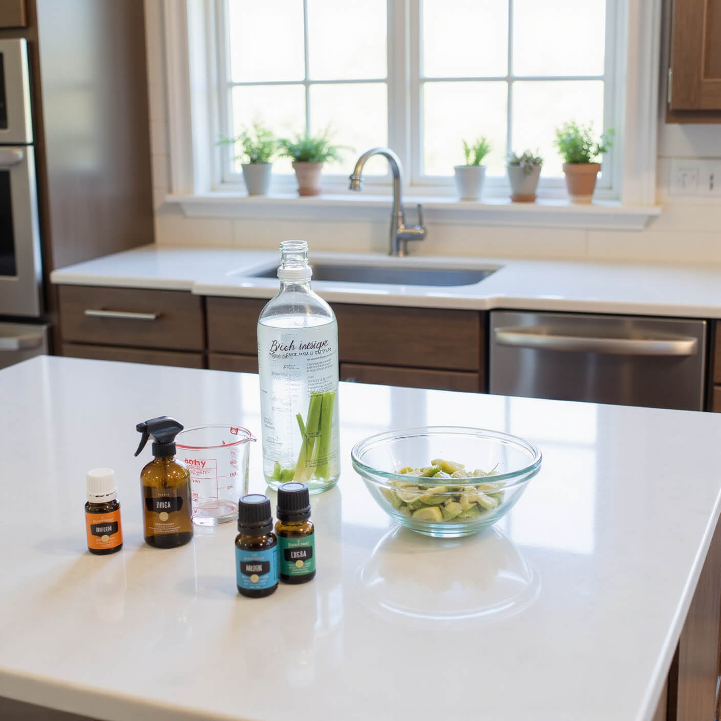 Overhead view of a bright modern kitchen with DIY repellent ingredients on a white quartz island, including essential oil bottles, measuring tools, fresh herbs, citrus peels, and a glass spray bottle, with stainless steel appliances and potted herbs by the windows.