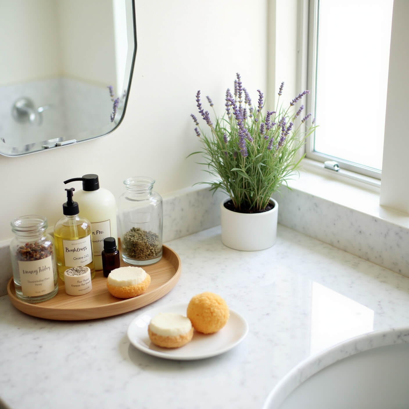 Bright morning bathroom with marble vanity displaying insect-repelling oils, dried herbs, essential oil blends, natural sponges, botanical soaps on a bamboo tray, and a potted lavender by a frosted window.