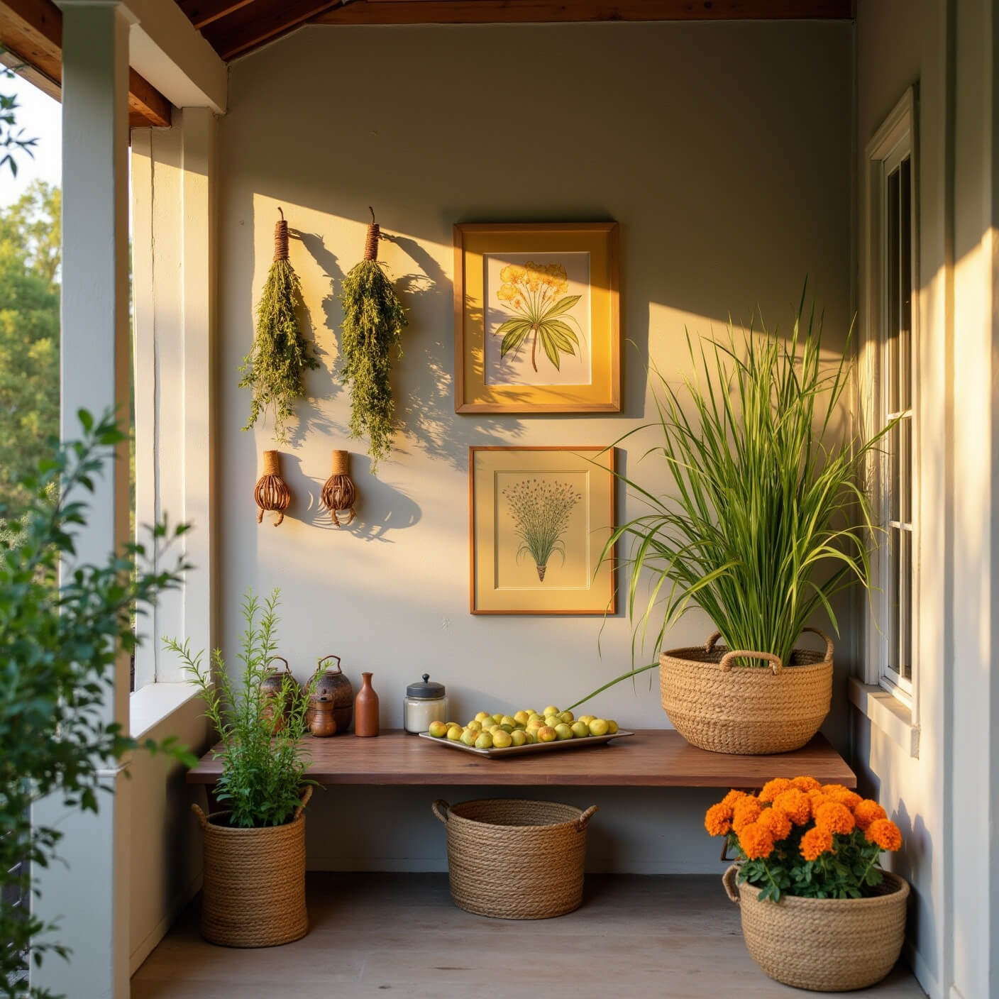 Rustic farmhouse porch in late afternoon light featuring dried herb bundles, terracotta diffusers, vintage botanical prints, and baskets of lemongrass and marigolds.
