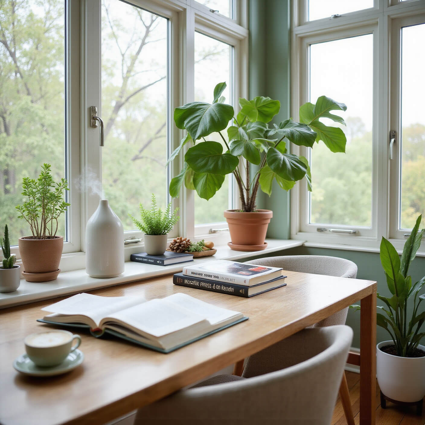 Minimalist contemporary home office with natural mosquito protection, featuring sage green and wood decor, indoor plants, essential oil diffuser, natural remedy books, and large windows overlooking an herb garden.