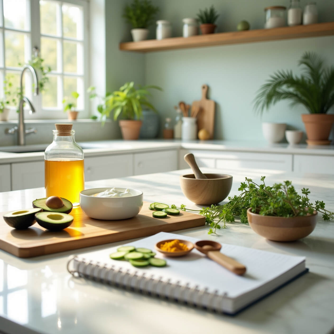 Sunlit modern kitchen setup for DIY beauty recipes, featuring fresh ingredients like avocado, honey, yogurt, cucumber, turmeric, and herbs on a marble countertop with white cabinetry and sage green accents.